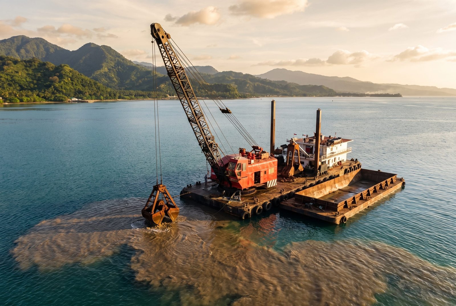 Marine dredging and construction operations at a coastal port